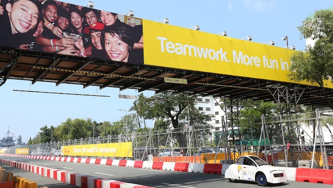 The Cikal ethanol, #501, a ethanol UrbanConcept vehicle from team Cikal ethanol at the Institut Teknologi Bandung in Bandung, Indonesia, on the track during day three of the Shell Eco-marathon Asia, in Manila, Philippines, Saturday, March 5, 2016