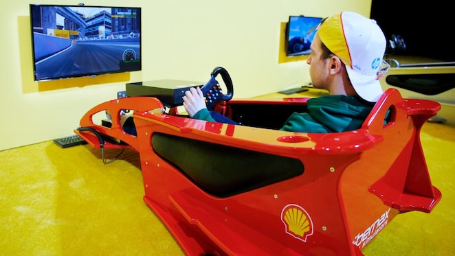 A participant interacts with part of the experience during Tech Inspection day of the Shell Eco-marathon Americas 2015 in Detroit, Mich., Thursday, April 9, 2015.
