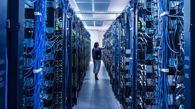Women working in server room