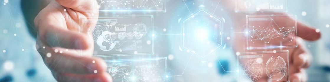Businessman using digital interface with holograms 3D rendering