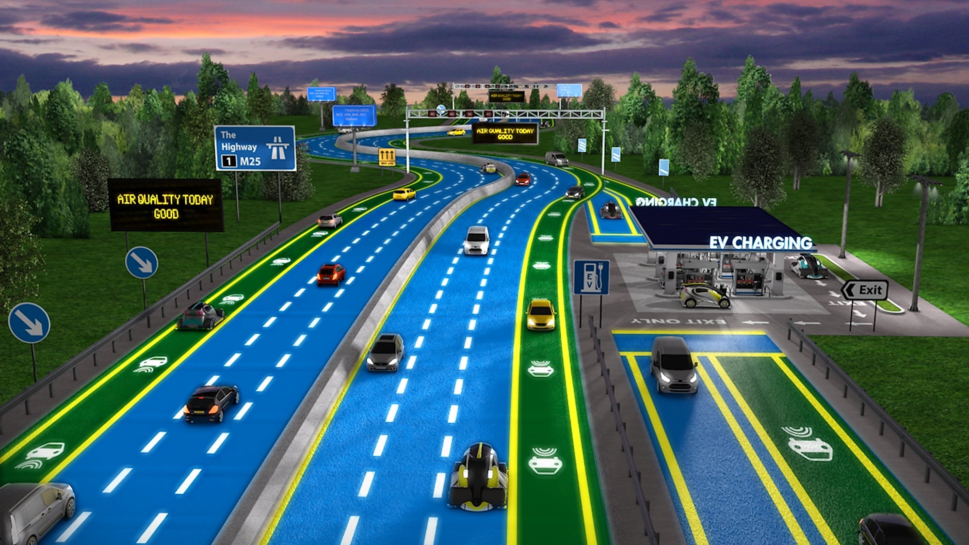 разметка на автомагистрали. инновационные дороги. электрические дороги. умные дороги. умные дороги.