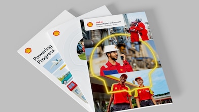 The three previous years reports are sitting one on top of the other and are fanned out so you can see each of the front covers.