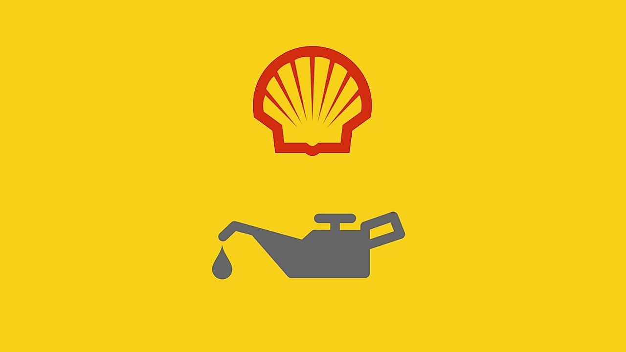 Shell company logo and engine oil icon in a yellow background