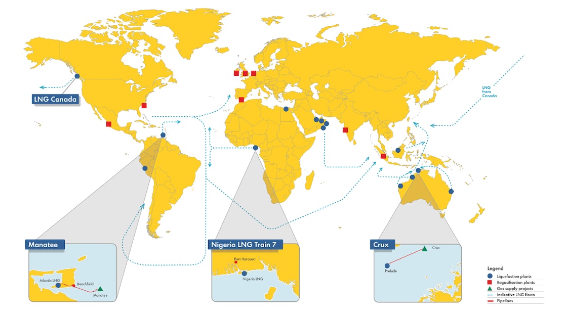 This map shows LNG production facilities and regasification terminals in which Shell holds an interest, as well as indicative LNG flows worldwide.