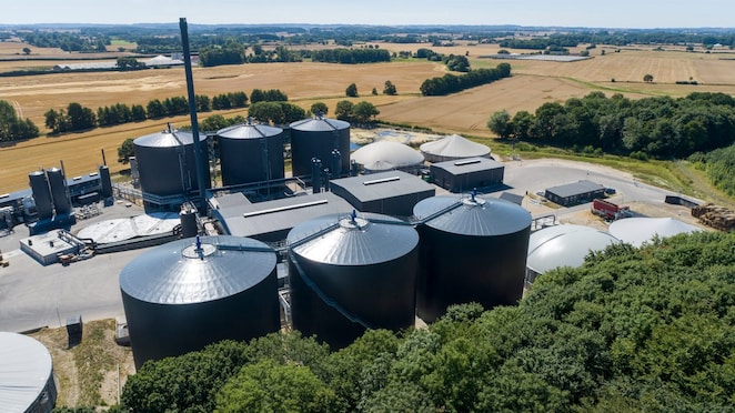 Aerial shot of Nature Energy's biogas plant in Midfityn, Denmark