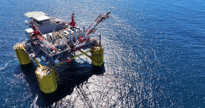 Whale, a Shell operated deep-water platform in the Gulf of Mexico, photographed against a clear, blue sky.