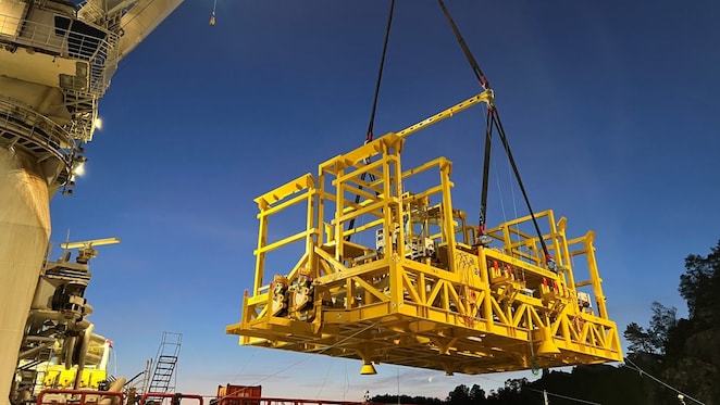 The compression system structure preparing to be installed 900 metres below the surface of the sea.