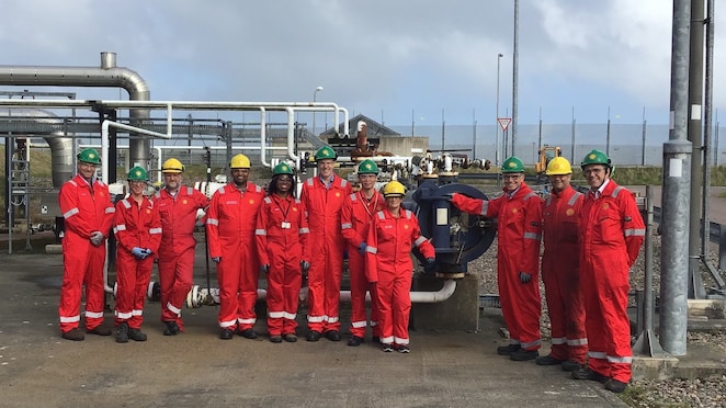 Sir Andrew (third from right) visiting the Goldeneye pipeline, north of Aberdeen, which transports carbon dioxide from the St Fergus Gas Terminal offshore to be stored under the seabed.
