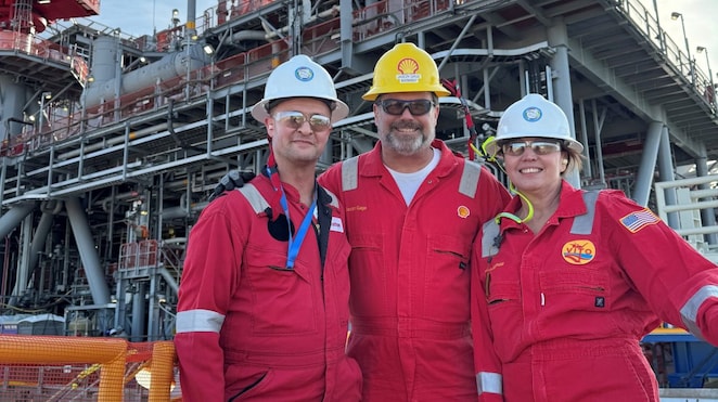 Project manager Jason Gage (centre) visiting Whale with colleagues in Corpus Christi, Texas, before the platform was installed offshore.