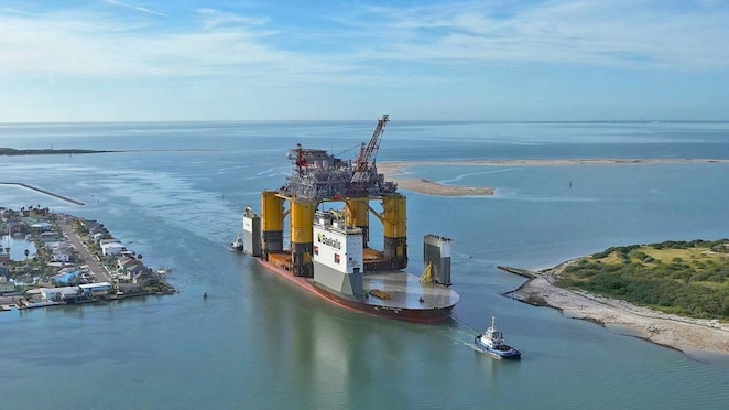 Whale was built in Singapore and transported on a heavy transport vessel called the Boka Vanguard (pictured) to Texas, USA, before being towed into the Gulf of Mexico.