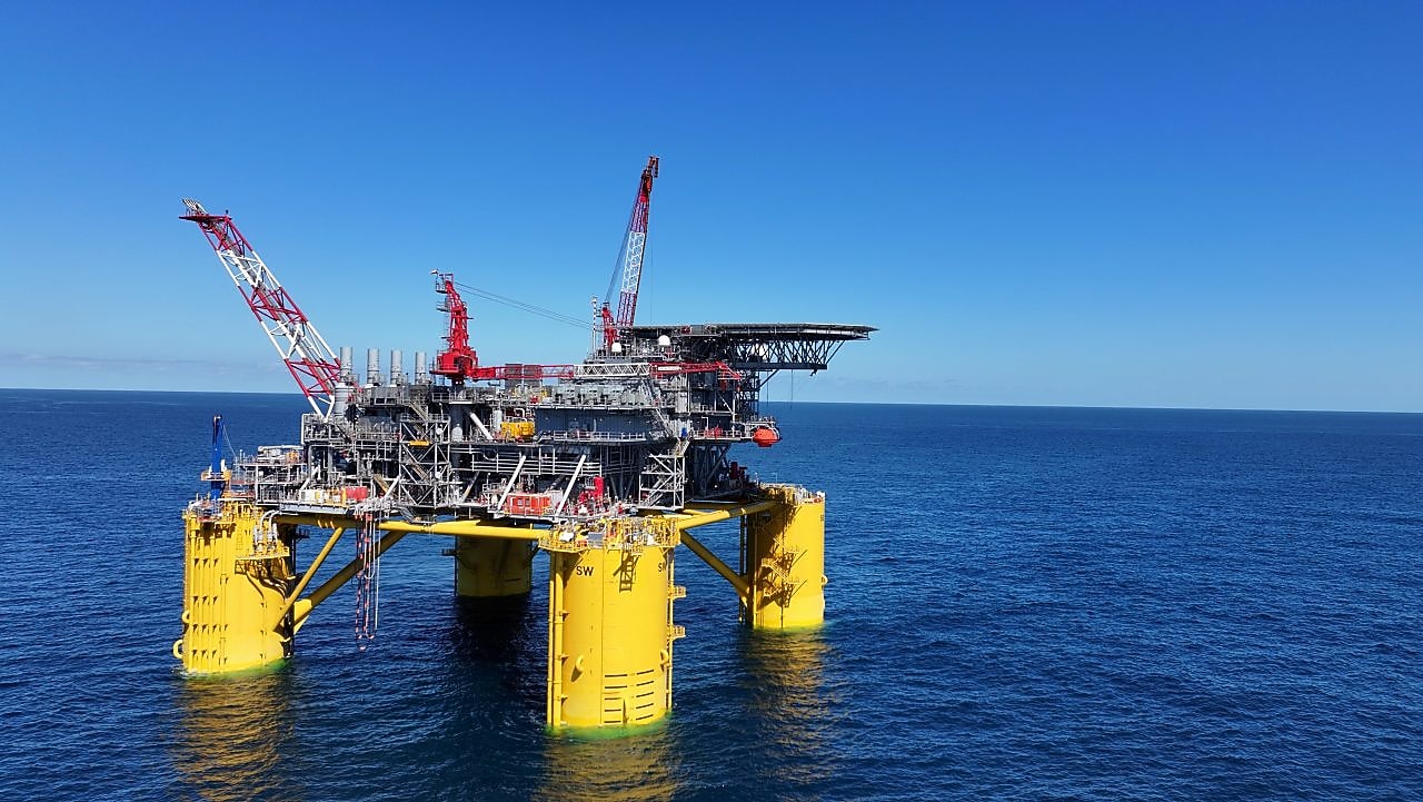 Whale, a Shell operated deep-water platform in the Gulf of Mexico, photographed against a clear, blue sky.