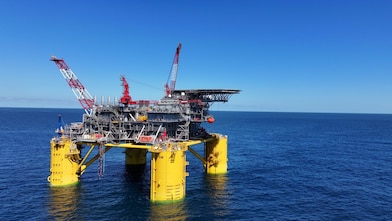 Whale, a Shell operated deep-water platform in the Gulf of Mexico, photographed against a clear, blue sky.