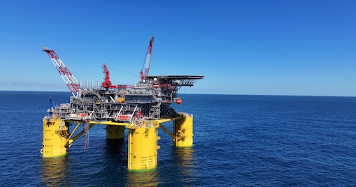 Whale, a Shell operated deep-water platform in the Gulf of Mexico, photographed against a clear, blue sky.