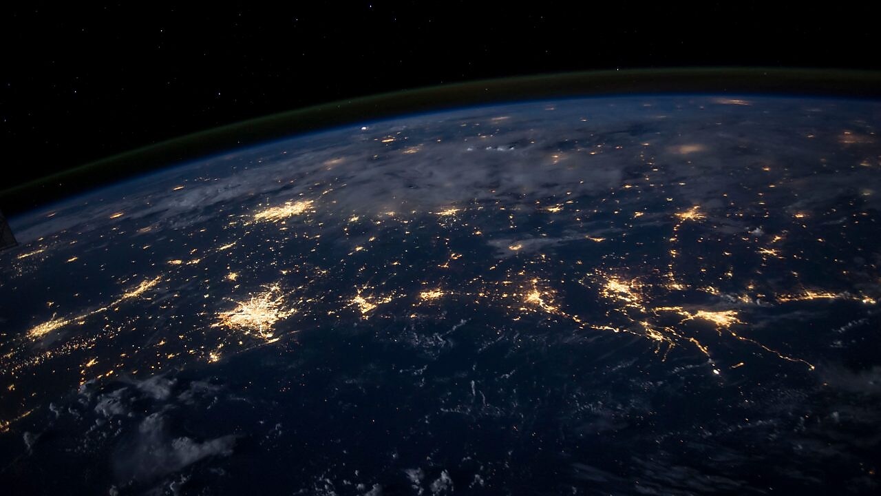 Aerial view of the earth showing city lights City lights of the Southern United States.