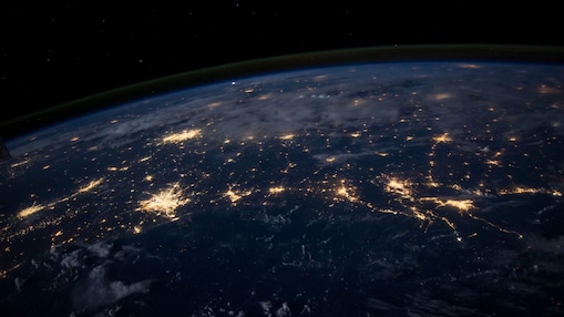 Aerial view of the earth showing city lights City lights of the Southern United States.