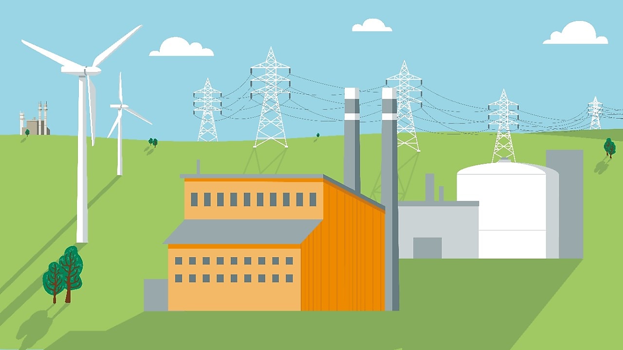 The illustration depicts various aspects of energy production and distribution. On the left, green hills with wind turbines and power lines lead to a central grid. In the middle, an infographic highlights key energy statistics and company achievements. The first box states that 279 terawatt hours of electricity were sold in 2023, enough to meet all of Spain’s full-year electricity needs. The second box mentions Shell-owned Limejump managing Europe’s largest battery storage project (a 100-MW system) to balance UK electricity demand. The third box emphasizes nearly 20 years of experience selling power in European markets and expanding into new markets like Australia, Brazil, Japan, and the Philippines. On the right, an industrial setting represents a factory or plant emitting no visible pollution.