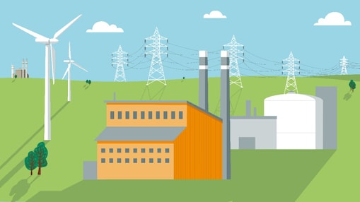 The illustration depicts various aspects of energy production and distribution. On the left, green hills with wind turbines and power lines lead to a central grid. In the middle, an infographic highlights key energy statistics and company achievements. The first box states that 279 terawatt hours of electricity were sold in 2023, enough to meet all of Spain’s full-year electricity needs. The second box mentions Shell-owned Limejump managing Europe’s largest battery storage project (a 100-MW system) to balance UK electricity demand. The third box emphasizes nearly 20 years of experience selling power in European markets and expanding into new markets like Australia, Brazil, Japan, and the Philippines. On the right, an industrial setting represents a factory or plant emitting no visible pollution.