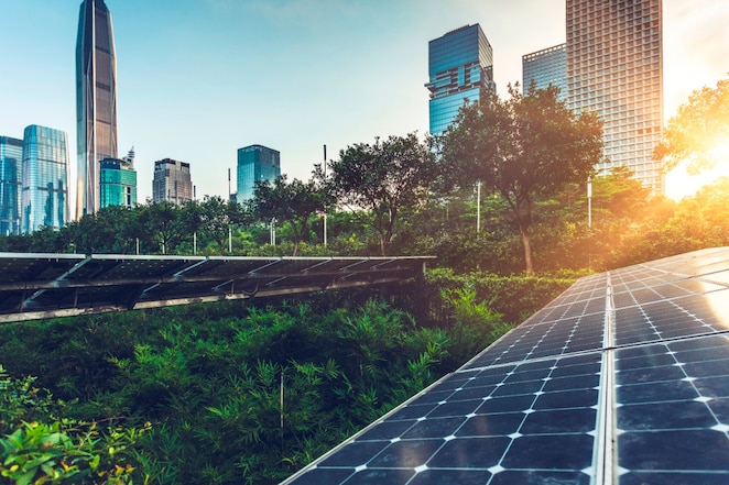 field of solar panels and trees in foreground with city in background