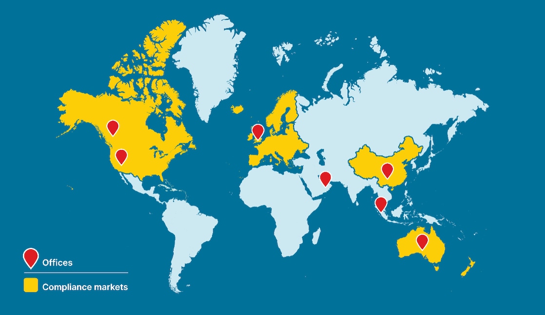 World Map image indicating the presence of Shell Environmental Products in carbon compliance markets. The map highlights the cities of Brisbane, Calgary, Dubai, London, San Diego, Shanghai and Singapore.