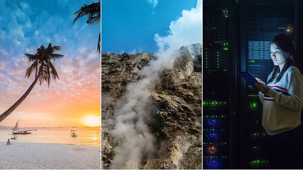 Triptych image visually representing three distinct scenes. The first panel depicts a serene tropical beach with palm trees at sunset, a boat on the water, and distant figures. The second panel shows rugged mountain terrain shrouded in mist. The third panel illustrates a person in front of server racks with glowing digital lights.