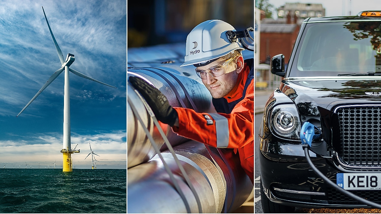 Triptych display of renewable energy sources: Left panel shows a wind turbine against a clear blue sky with fluffy clouds, symbolizing wind power. Center panel captures an individual in protective gear overseeing secured equipment on a truck bed. Right panel features the front section of a sleek black electric taxicar connected to a charging cable, illustrating electric transportation.