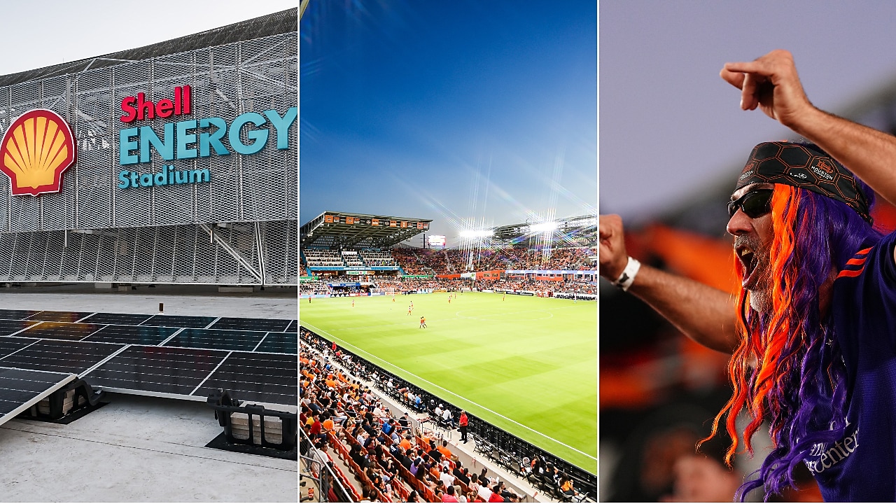 Triptych image displaying from left to right: a serene sunrise over a calm body of water with building silhouettes in the background. The second panel showcases an array of blue solar panels on a rooftop overlooking  a mountain range in the background. The third panel depicts two firefighters in yellow helmets and protective gear sitting on the back of their fire truck.