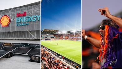Triptych image displaying from left to right: a serene sunrise over a calm body of water with building silhouettes in the background. The second panel showcases an array of blue solar panels on a rooftop overlooking  a mountain range in the background. The third panel depicts two firefighters in yellow helmets and protective gear sitting on the back of their fire truck.