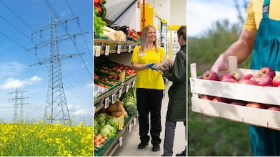 Triptych image displaying from left to right: a serene sunrise over a calm body of water with building silhouettes in the background. The second panel showcases an array of blue solar panels on a rooftop overlooking  a mountain range in the background. The third panel depicts two firefighters in yellow helmets and protective gear sitting on the back of their fire truck.