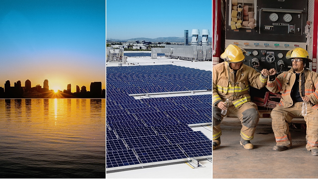 Triptych image displaying from left to right: a serene sunrise over a calm body of water with building silhouettes in the background. The second panel showcases an array of blue solar panels on a rooftop overlooking  a mountain range in the background. The third panel depicts two firefighters in yellow helmets and protective gear sitting on the back of their fire truck.