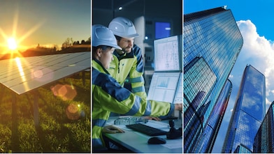 Triptych image displaying from left to right: a serene sunrise over a calm body of water with building silhouettes in the background. The second panel showcases an array of blue solar panels on a rooftop overlooking  a mountain range in the background. The third panel depicts two firefighters in yellow helmets and protective gear sitting on the back of their fire truck.