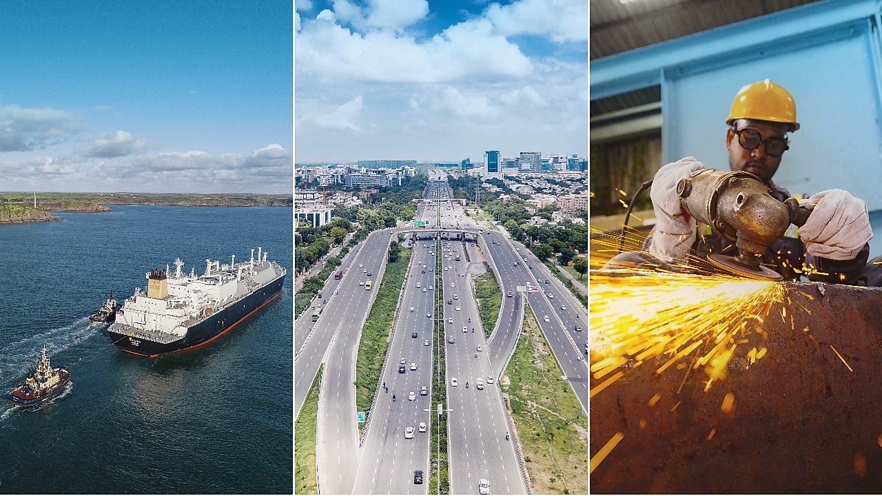 Triptych art piece from left to right: a panel shows a large cargo ship guided by a tugboat on open waters. The central panel features an aerial view of a bustling multi-lane highway in an urban setting. The right panel captures a close-up of a worker in safety gear welding metal with sparks flying.