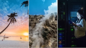 A triptych showcasing the diversity of services, with a serene tropical beach at sunset symbolizing leisure and hospitality, a misty mountain landscape representing adventure and challenge, and a data center with illuminated server racks indicating cutting-edge technology and data management.