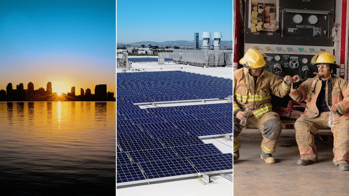 Triptych image displaying from left to right: a serene sunrise over a calm body of water with building silhouettes in the background. The second panel showcases an array of blue solar panels on a rooftop overlooking  a mountain range in the background. The third panel depicts two firefighters in yellow helmets and protective gear sitting on the back of their fire truck.