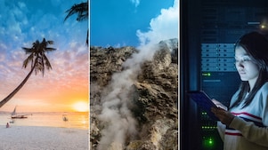 Triptych image visually representing three distinct scenes. The first panel depicts a serene tropical beach with palm trees at sunset, a boat on the water, and distant figures. The second panel shows rugged mountain terrain shrouded in mist. The third panel illustrates a person in front of server racks with glowing digital lights.