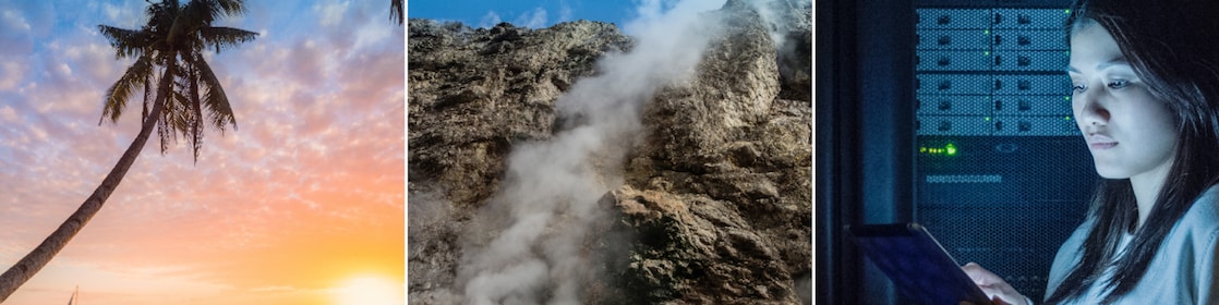 Triptych image visually representing three distinct scenes. The first panel depicts a serene tropical beach with palm trees at sunset, a boat on the water, and distant figures. The second panel shows rugged mountain terrain shrouded in mist. The third panel illustrates a person in front of server racks with glowing digital lights.