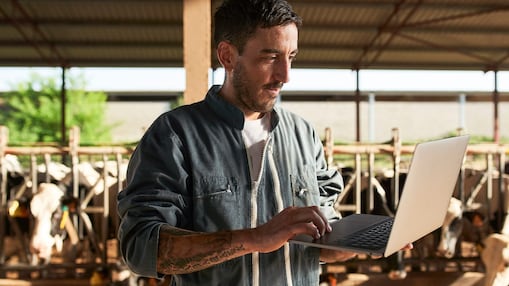 Biomethane producer woking on laptop
