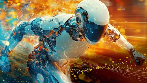 A futuristic humanoid robot in a dynamic running pose, surrounded by bursts of glowing orange and blue light trails.