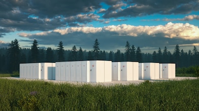 A digital rendering of a battery energy storage system featuring multiple white, container-like units arranged on a concrete pad in a grassy field.