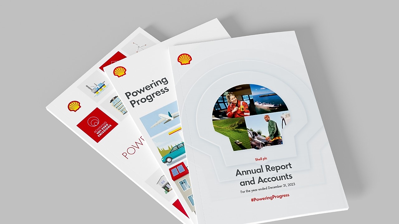 Image shows three printed Shell annual report publications fanning out laid one on top of the other 