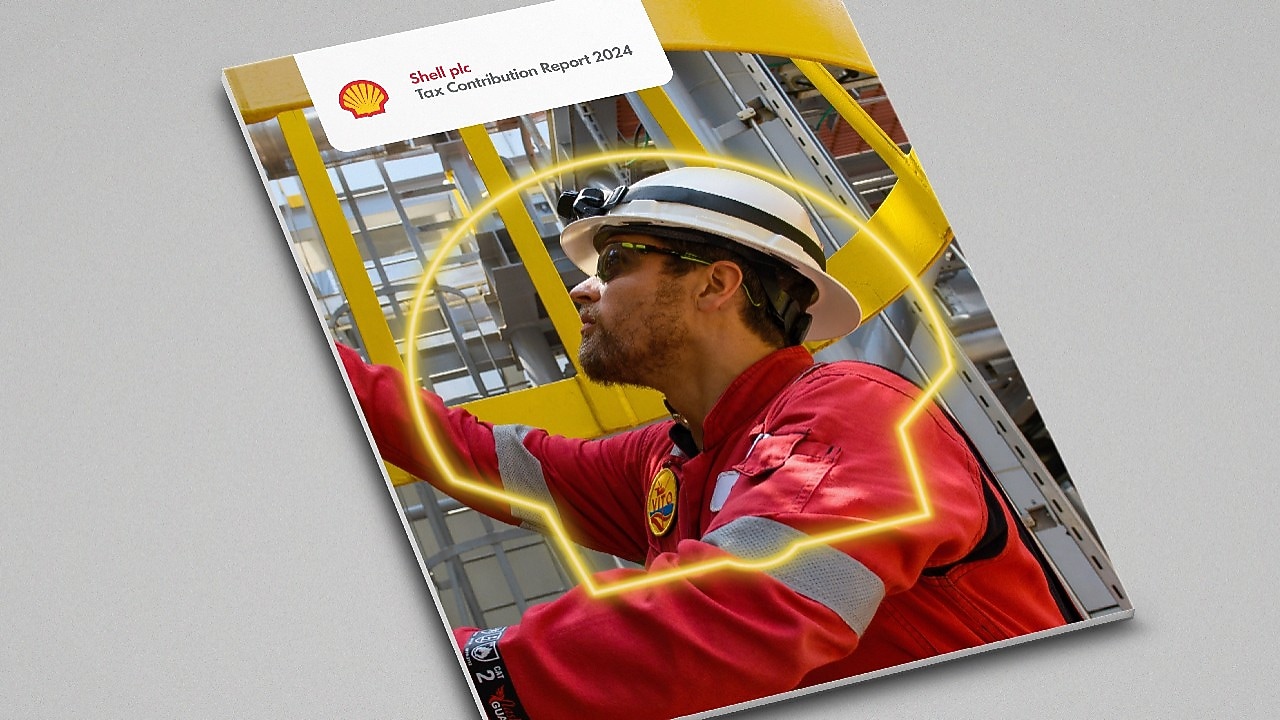 An image of the front cover of the Shell Tax Contribution report for the year 2024 on a grey background.