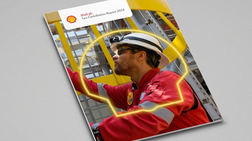 An image of the front cover of the Shell Tax Contribution report for the year 2024 on a grey background.