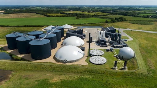 Aerial view of large-scale Shell biogas/biomethane plant in Denmark processing organic waste