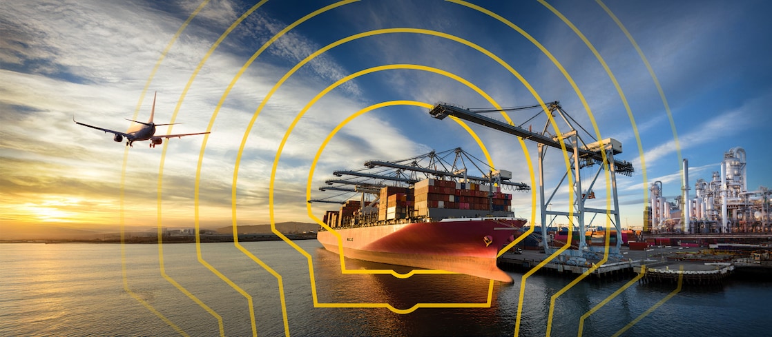 Composite image showing a cargo ship, an airplane at sunset, and an industrial facility, overlaid with a yellow Shell logo pattern.