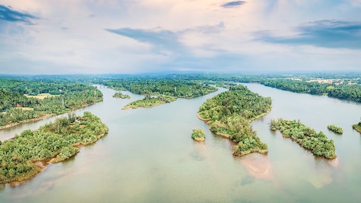 Aerial view of coastal wetlands and waterways linked to large-scale carbon removal discussions.