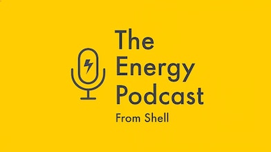 Graphic with yellow background and microphone icon promoting The Energy Podcast.