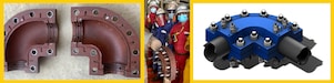 A collage of pictures the clamp and the team next to the part in operations as well as a computer drawing of the part