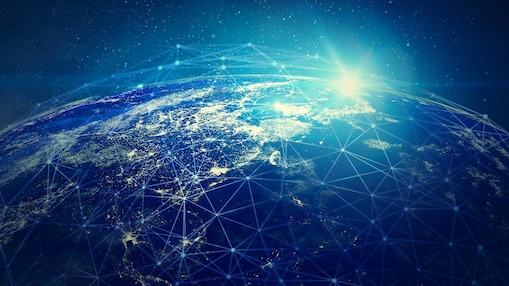 Planet earth in outer space with network connection and sunlight.