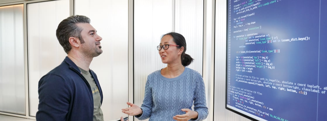 Two employees are taking with each other about the coding