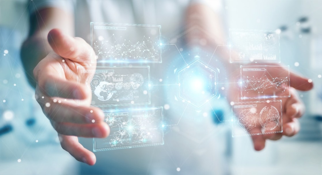Businessman using digital interface with holograms 3D rendering