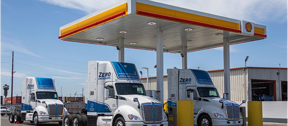 Hydrogen trucks parked at Shell garage